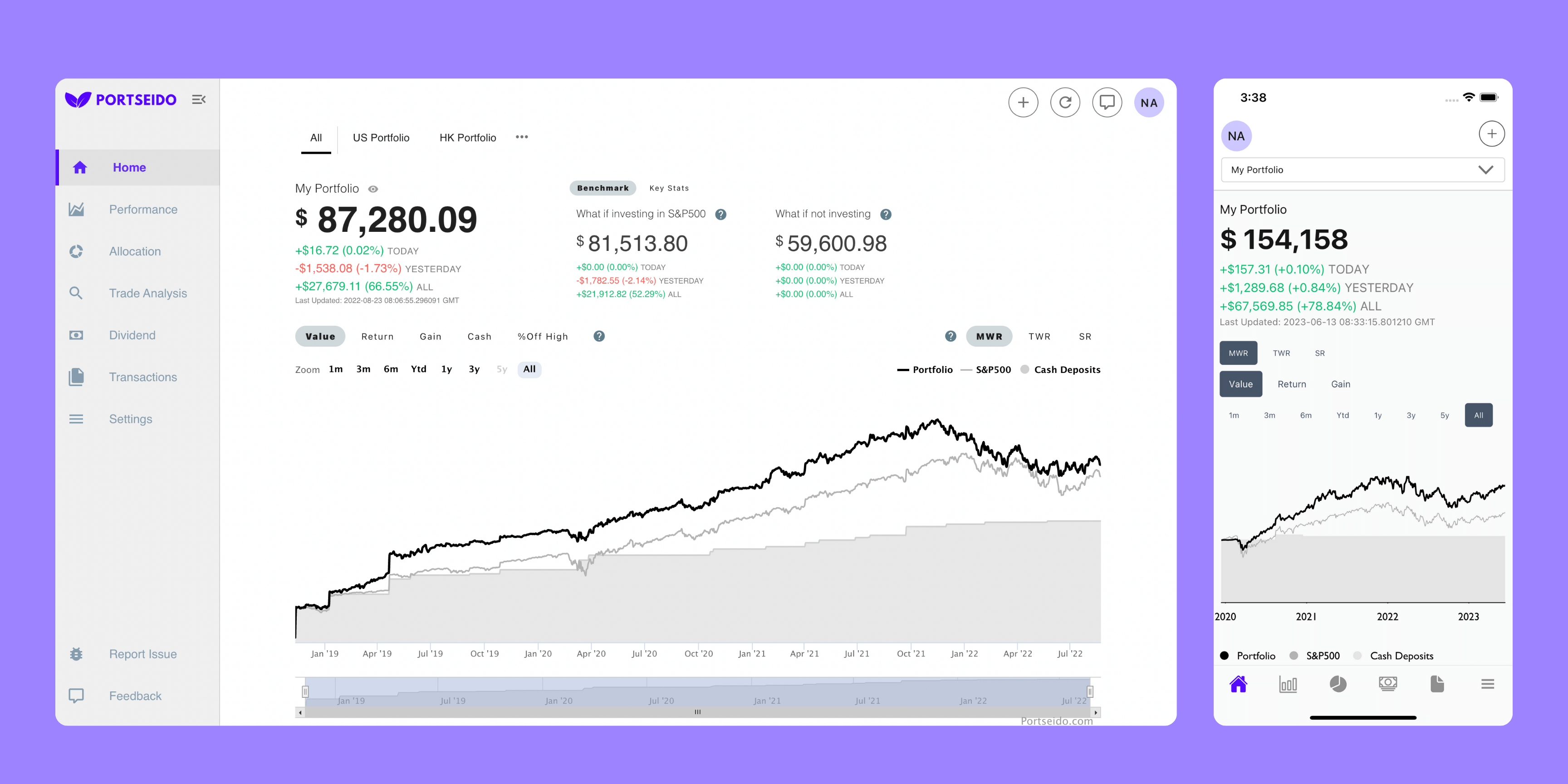Portseido portfolio on desktop and on the mobile app
